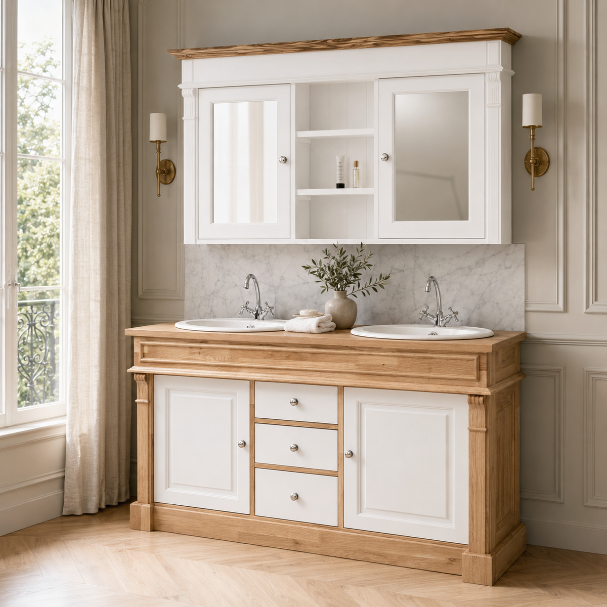 Country white oak Hartwell double vanity styled in an elegant bathroom with marble splashback and wall sconces