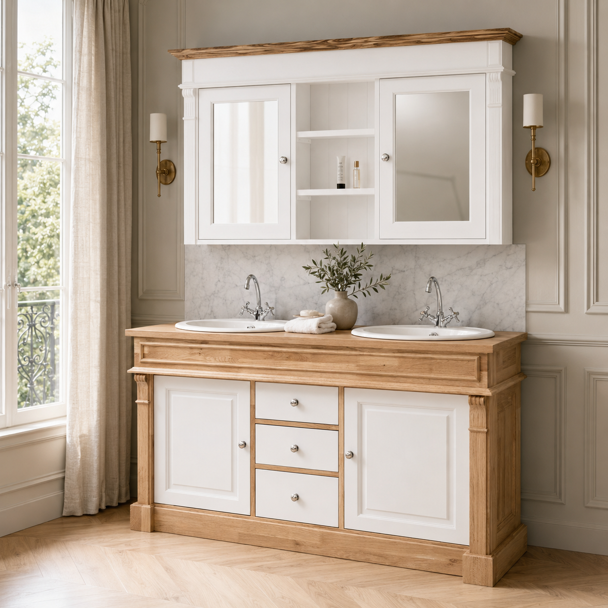 Bathroom Furniture Set Hartwell - White & Solid Oak Double Vanity with Mirror Cabinet - 150 x 51 x 91 cm