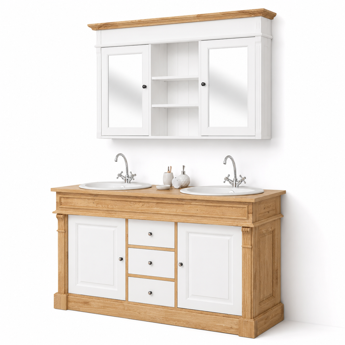 Classic white and oak Hartwell double vanity set with bronze knobs and twin basins, three-quarter view