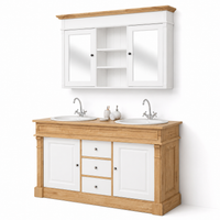 Bathroom Furniture Set Hartwell - White & Solid Oak Double Vanity with Mirror Cabinet - 150 x 51 x 91 cm