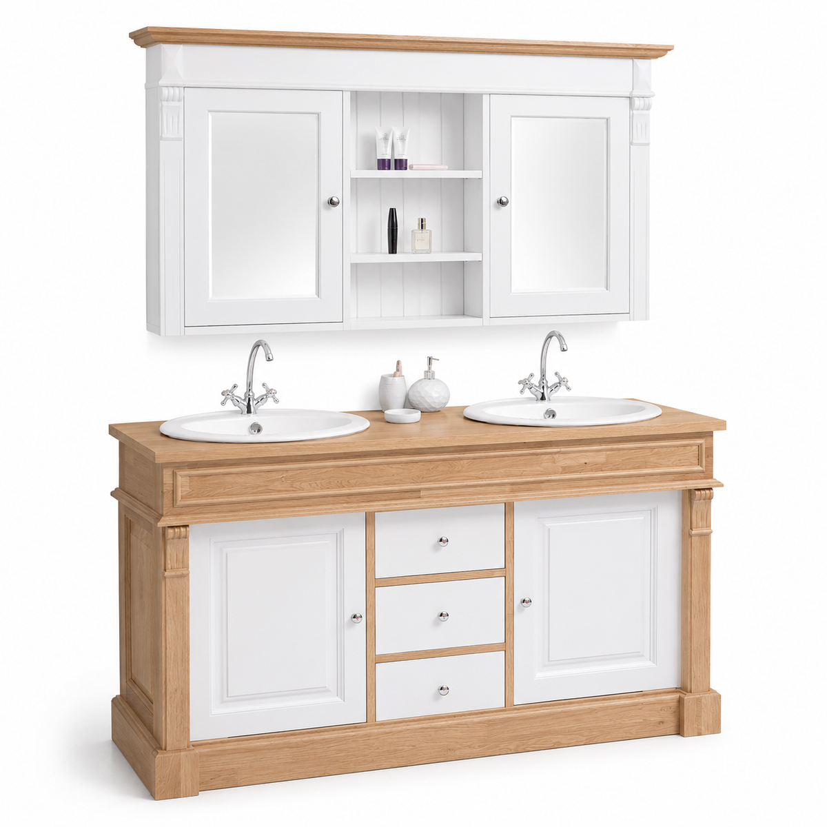 Angled view of country white oak Hartwell double vanity with toiletries styled on open mirror-cabinet shelves