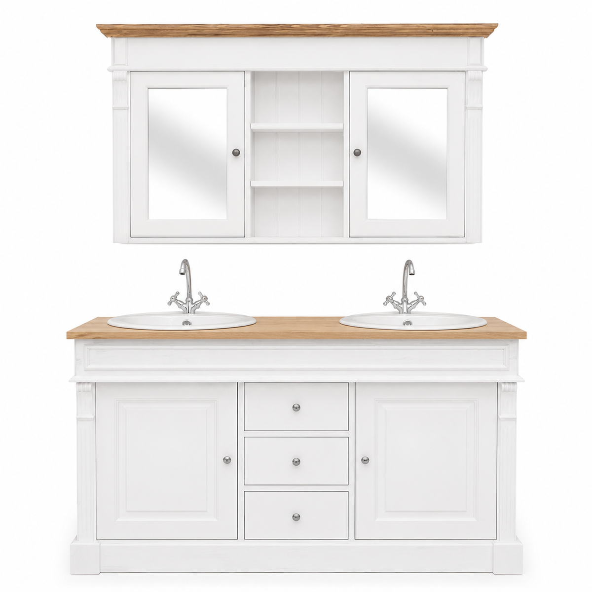 Classic white and oak Hartwell double vanity with glazed mirror cabinet, front view, 150 cm wide