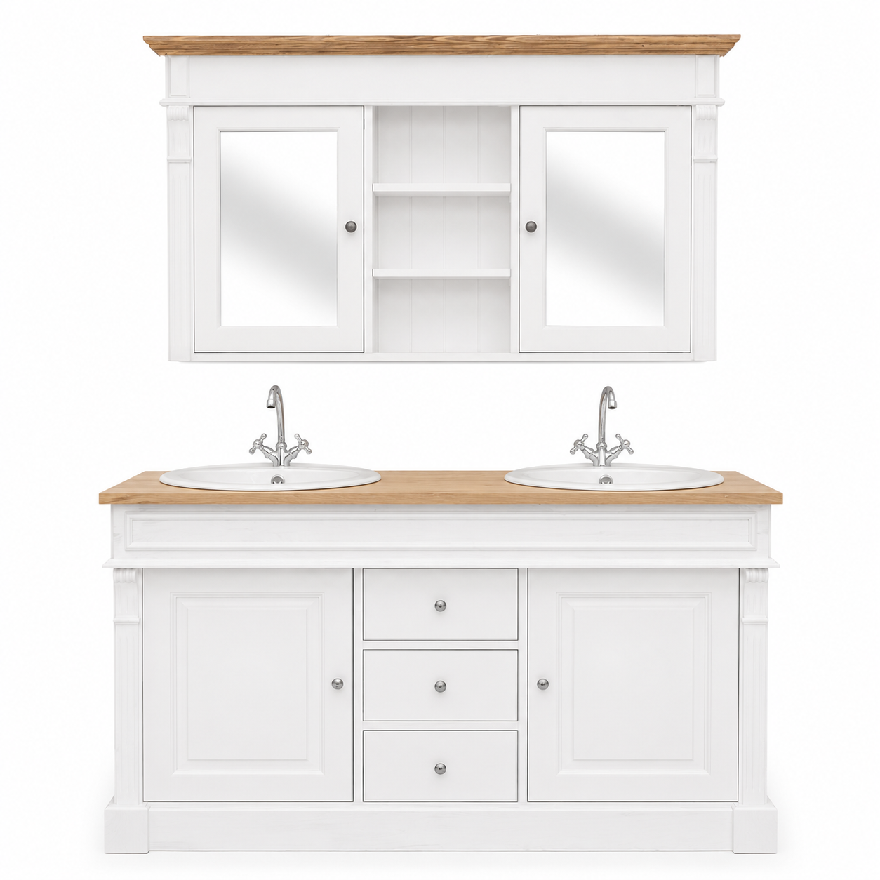 Bathroom Furniture Set Hartwell White & Oak Top - Double Vanity with Mirror Cabinet - 150 x 51 x 91 cm