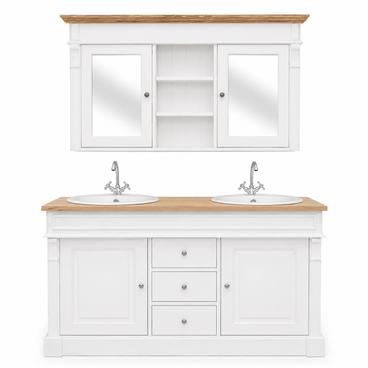Classic white and oak Hartwell double vanity with glazed mirror cabinet, front view, 150 cm wide