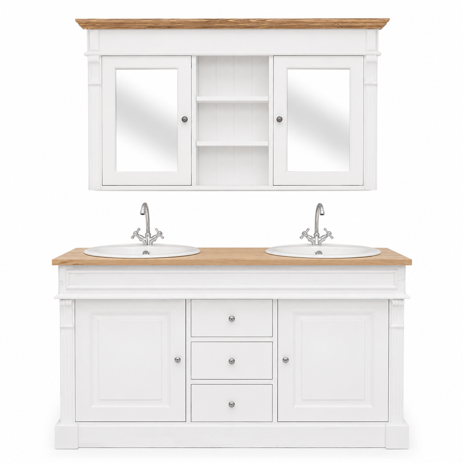 Bathroom Furniture Set Hartwell White & Oak Top - Double Vanity with Mirror Cabinet - 150 x 51 x 91 cm