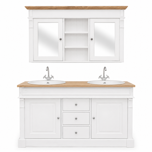Classic white and oak Hartwell double vanity with glazed mirror cabinet, front view, 150 cm wide