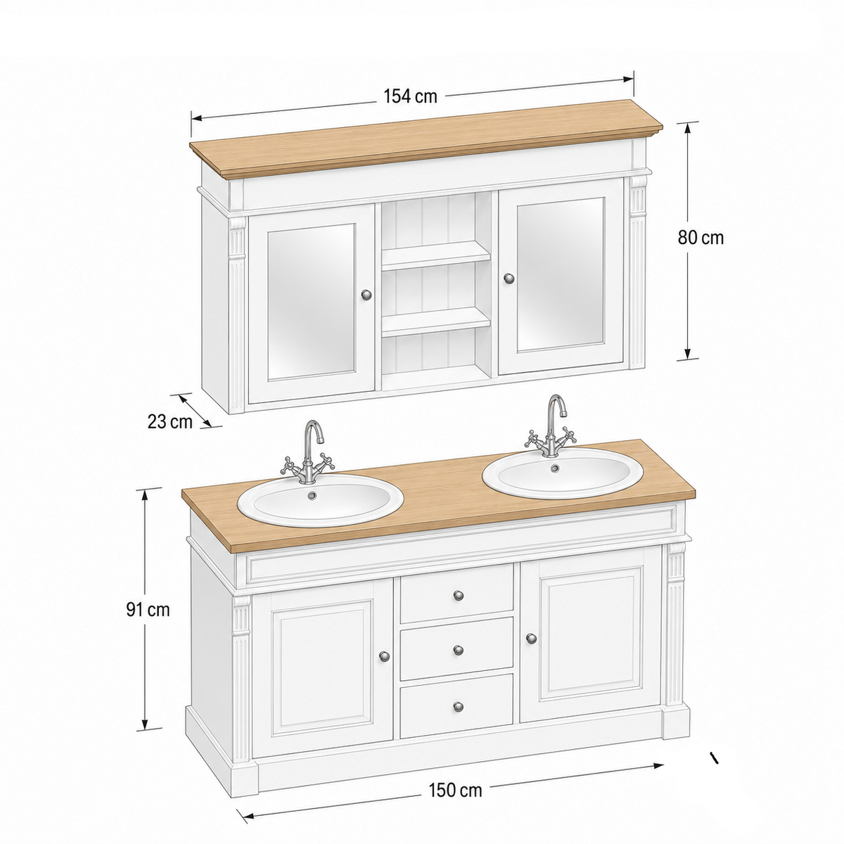 Dimensioned drawing of the Hartwell double vanity and mirror cabinet, 150 x 51 x 91 cm