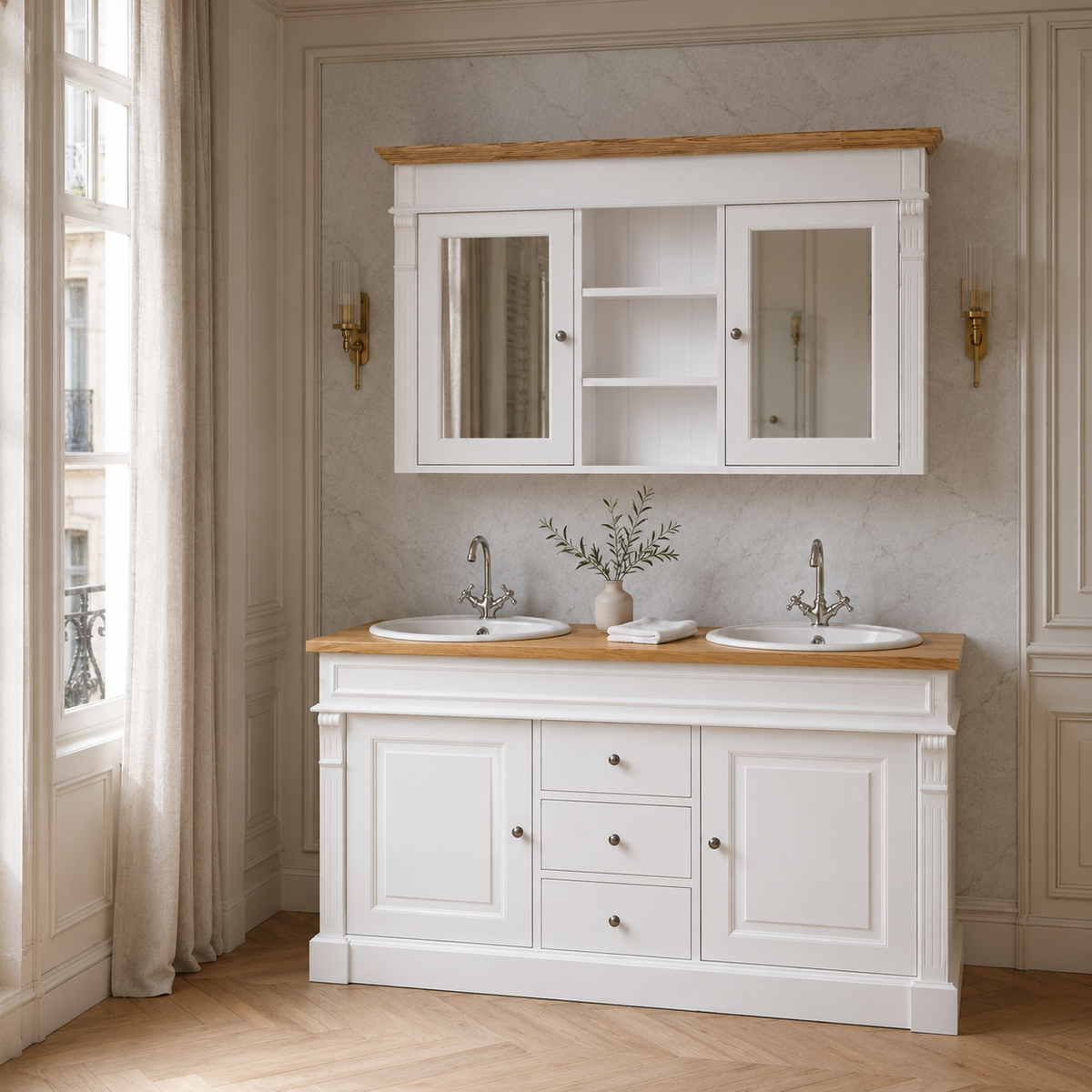 Classic white oak Hartwell double vanity styled in an elegant bathroom with parquet floor