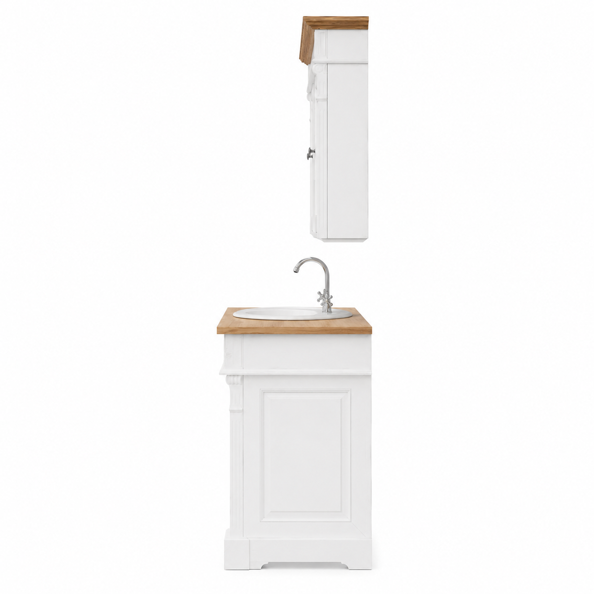 Side profile of the classic white Hartwell vanity and mirror cabinet with oak top, 51 cm deep