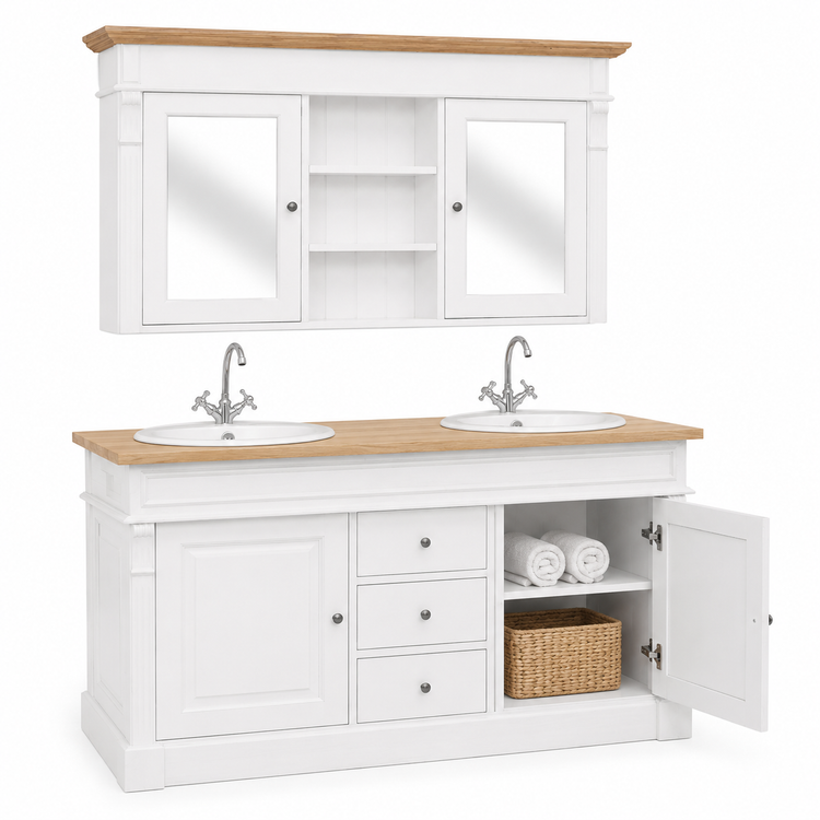 White Hartwell bathroom vanity with open cupboard door showing rolled towels and wicker basket
