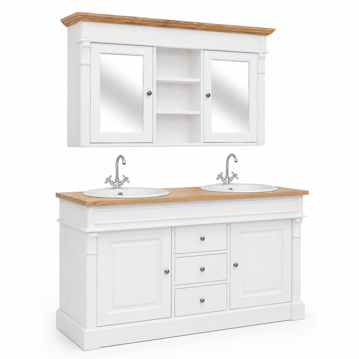 Classic white Hartwell double vanity and oak-topped mirror cabinet, angled three-quarter view