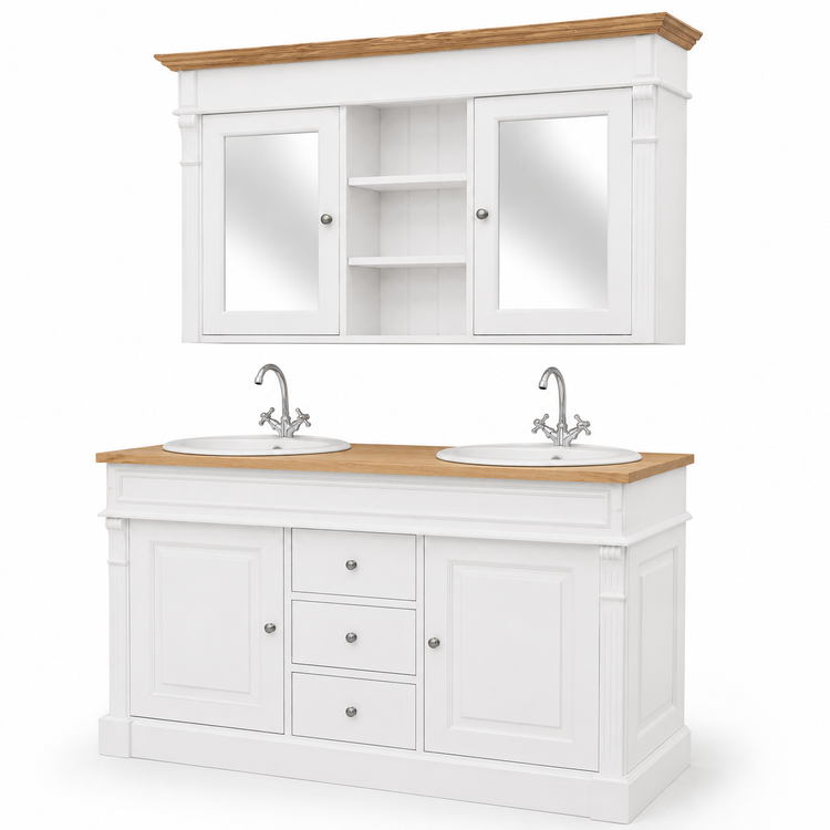 Angled view of the white and oak Hartwell double vanity set with paneled doors and drawers