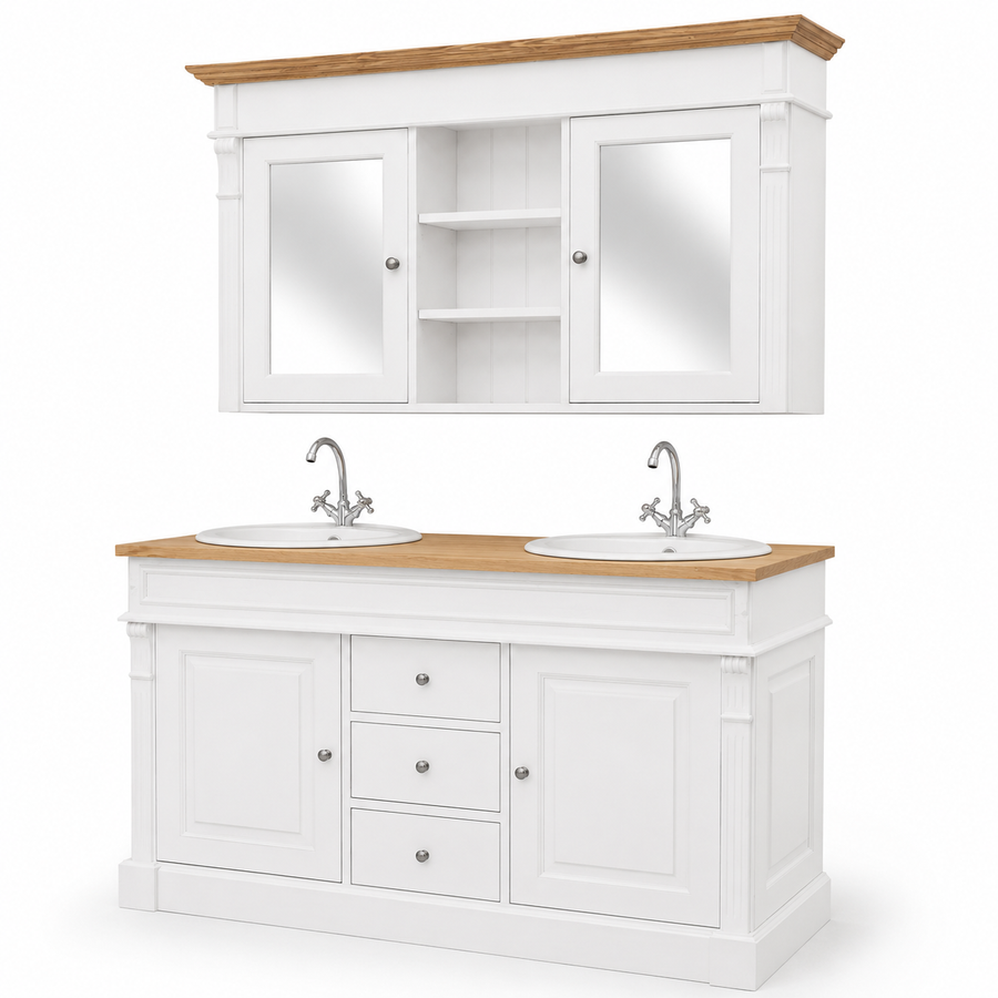 Bathroom Furniture Set Hartwell White & Oak Top - Double Vanity with Mirror Cabinet - 150 x 51 x 91 cm