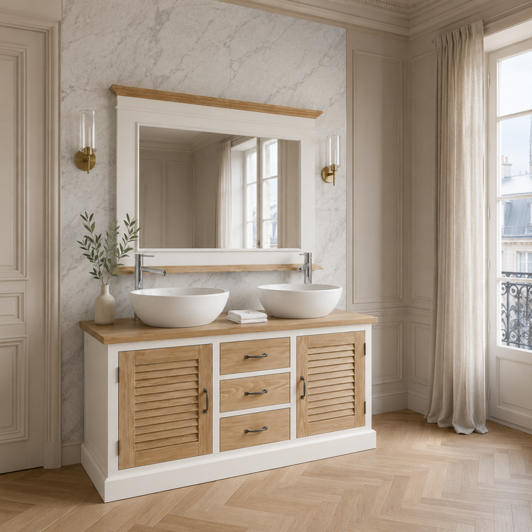 Coastal Seabrook oak double vanity styled in an elegant marble bathroom with vessel sinks, 150 cm wide