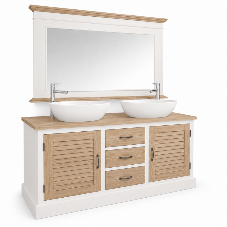 Country-style white oak Seabrook double bathroom vanity with louvered doors and mirror, angled view