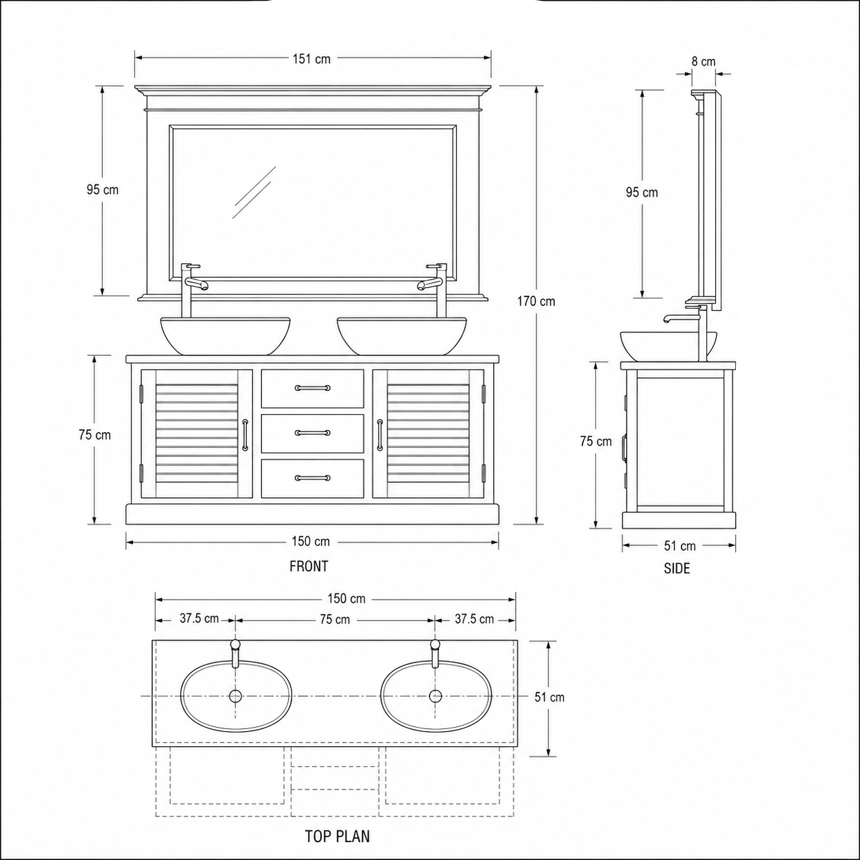 Bathroom Furniture Set Seabrook - Blue & Natural Wood Double Vanity with Mirror - 150 x 51 x 75 cm