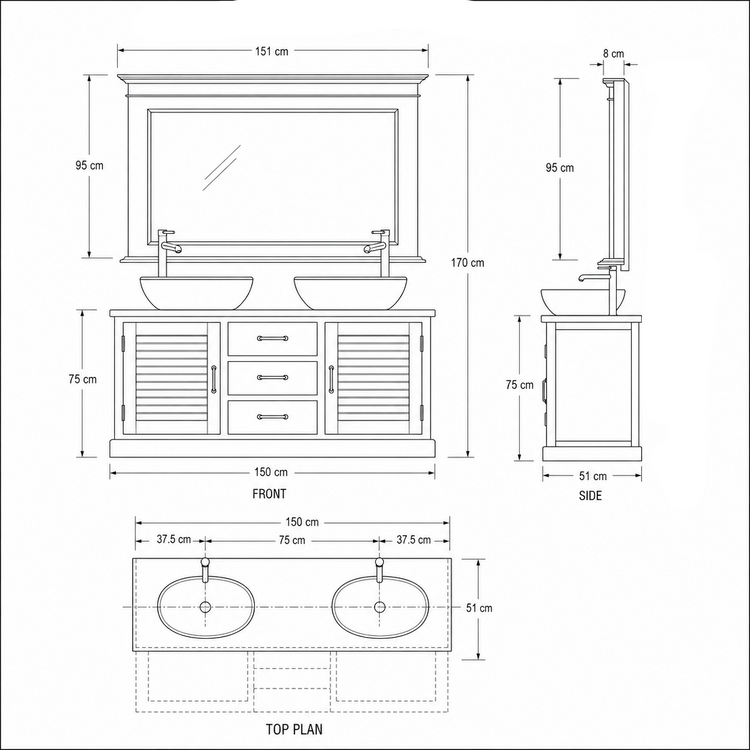 Technical line drawing of the Seabrook vanity set with dimensions 150 x 51 x 75 cm and 151 cm mirror