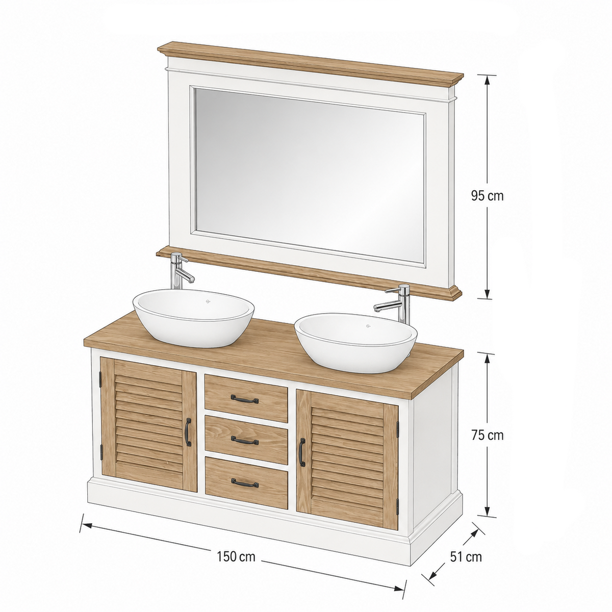 Dimensioned drawing of the Seabrook double vanity and mirror set, 150 x 51 x 75 cm