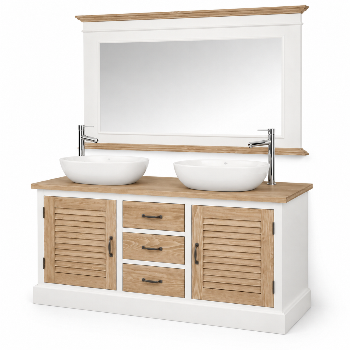 White and oak Seabrook double vanity set with mirror and twin sinks, three-quarter studio view