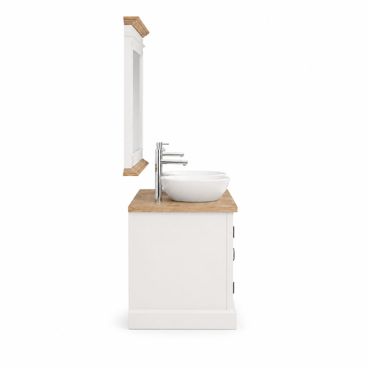 Side profile of the Seabrook bathroom vanity and mirror showing 51 cm depth and oak top