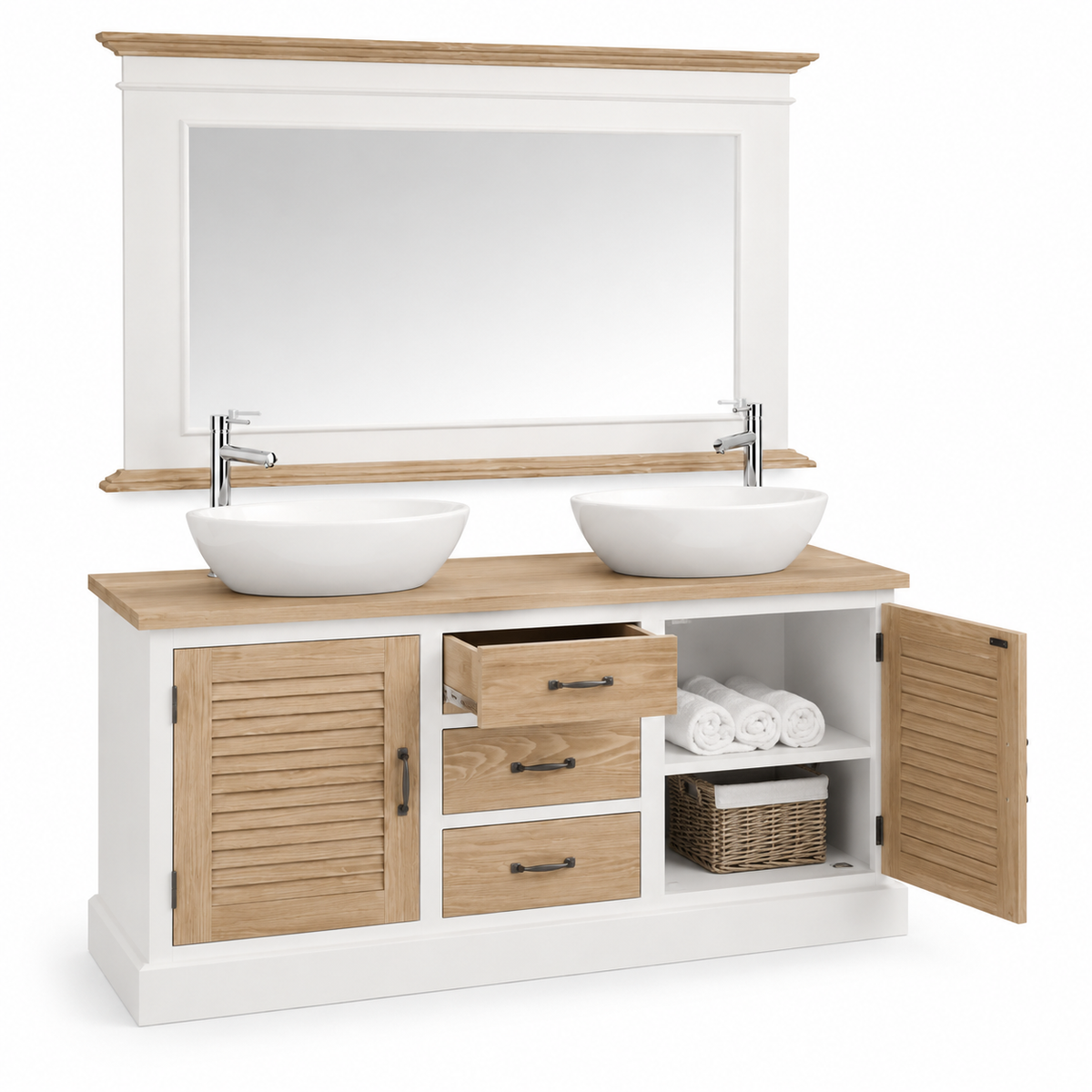 Open Seabrook oak vanity showing rolled towels, wicker basket and pull-out drawer storage, white cabinet