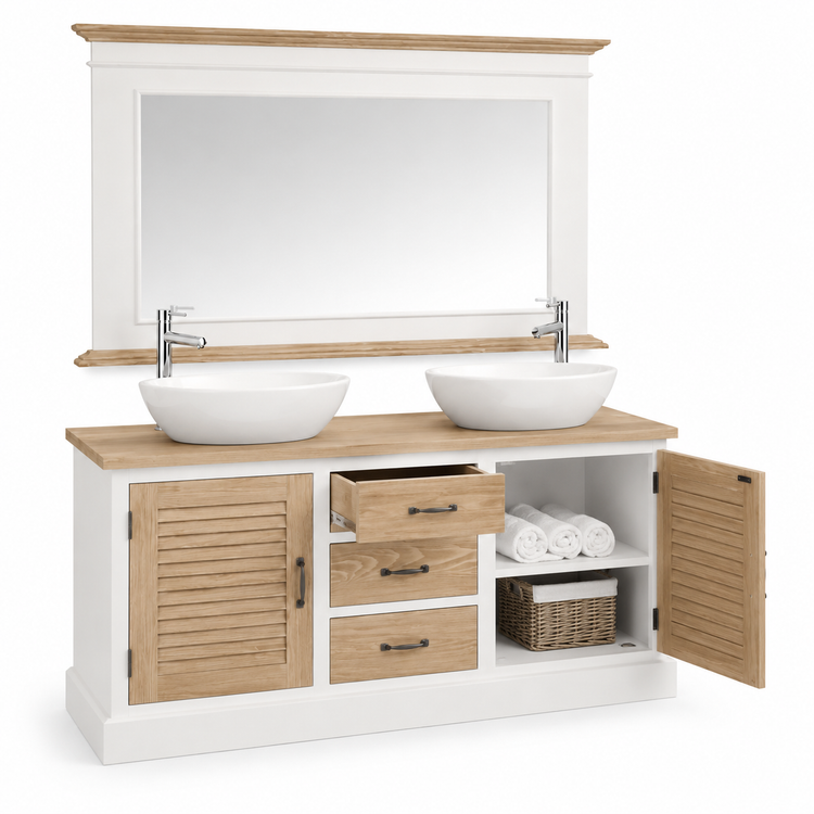 Open Seabrook oak vanity showing rolled towels, wicker basket and pull-out drawer storage, white cabinet