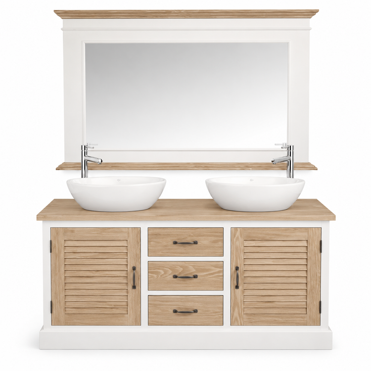 Coastal white and oak Seabrook double vanity set with framed mirror and two vessel sinks, front view