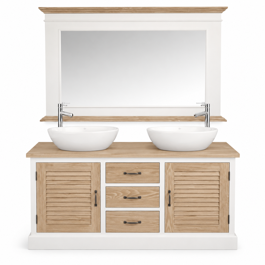 Bathroom Furniture Set Seabrook - Blue & Natural Wood Double Vanity with Mirror - 150 x 51 x 75 cm