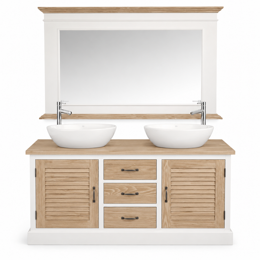 Coastal white and oak Seabrook double vanity set with framed mirror and two vessel sinks, front view