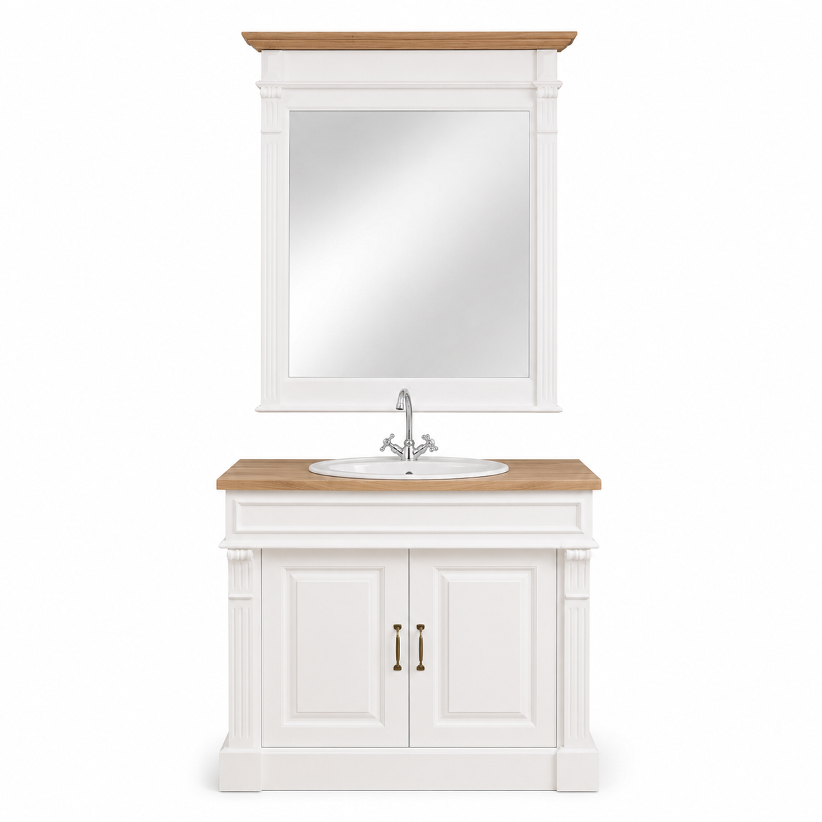 Classic white and oak Stratford Compact bathroom vanity set with framed mirror, 90 cm wide, front view