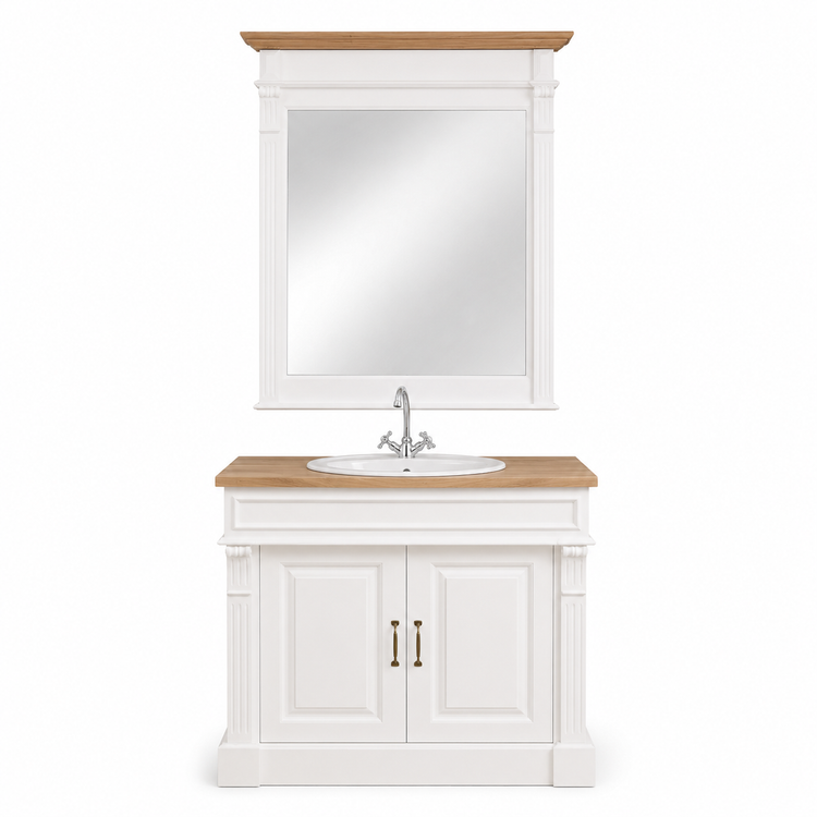 Classic white and oak Stratford Compact bathroom vanity set with framed mirror, 90 cm wide, front view
