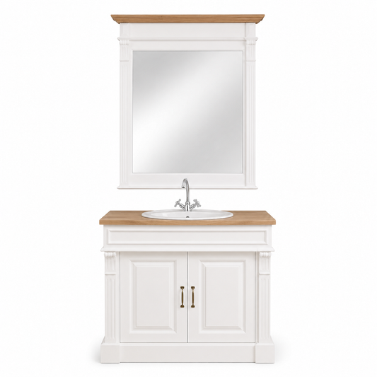 Classic white and oak Stratford Compact bathroom vanity set with framed mirror, 90 cm wide, front view