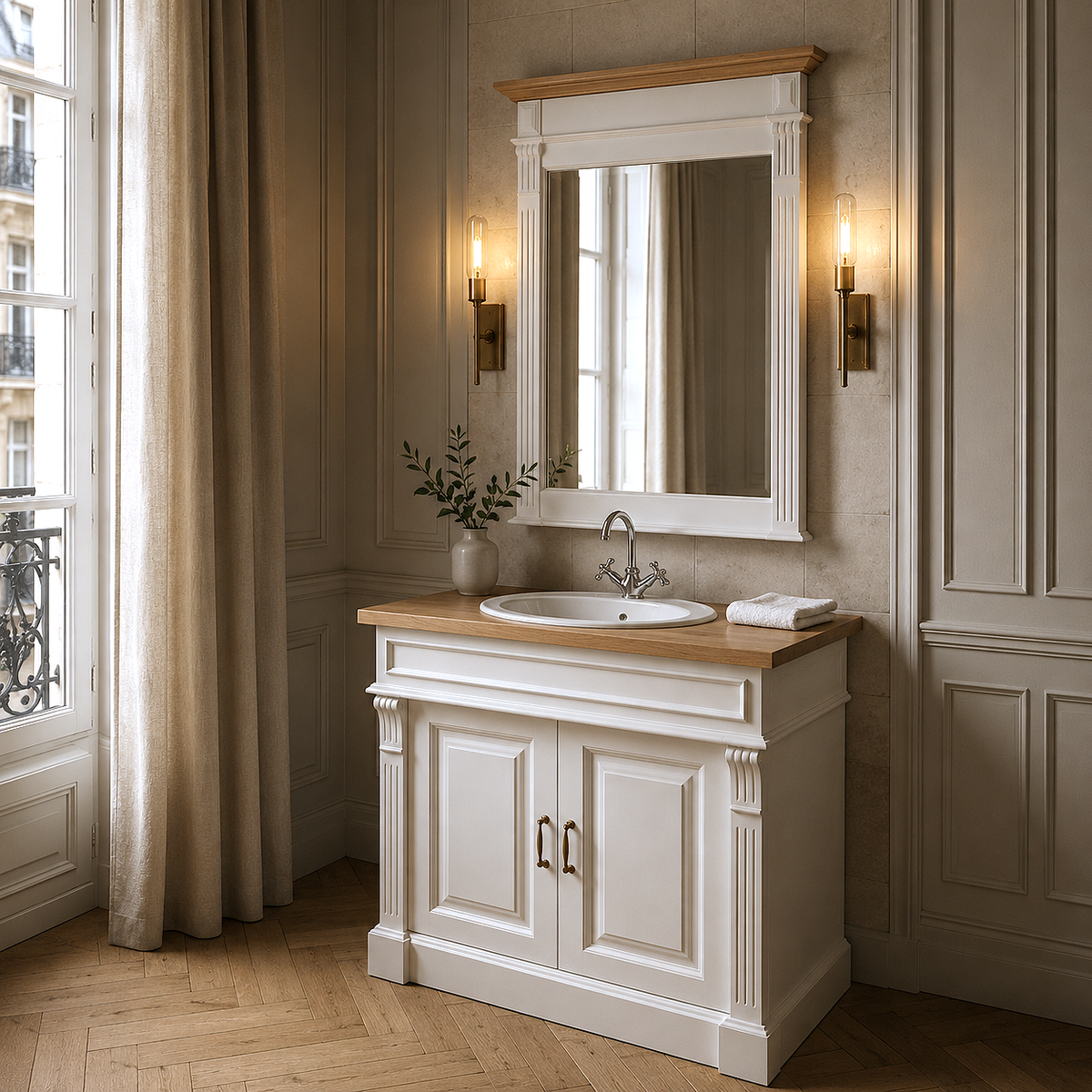Country-style white oak Stratford Compact vanity styled in a classic bathroom with brass wall sconces