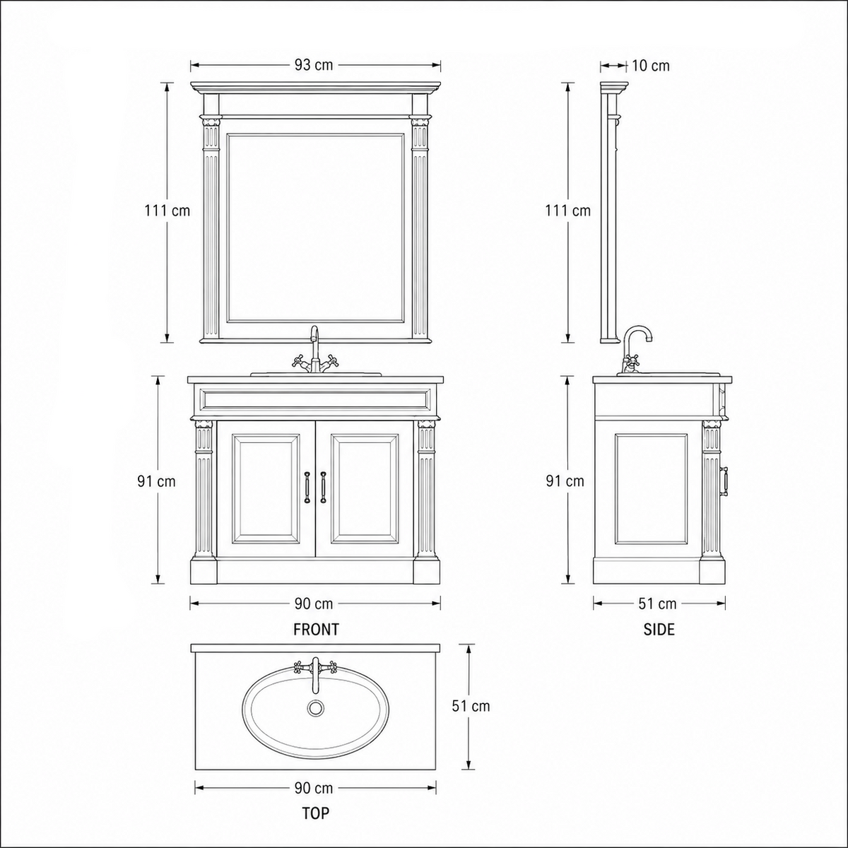 Dimensioned line drawing of the Stratford Compact bathroom vanity and mirror, 90 x 51 x 91 cm