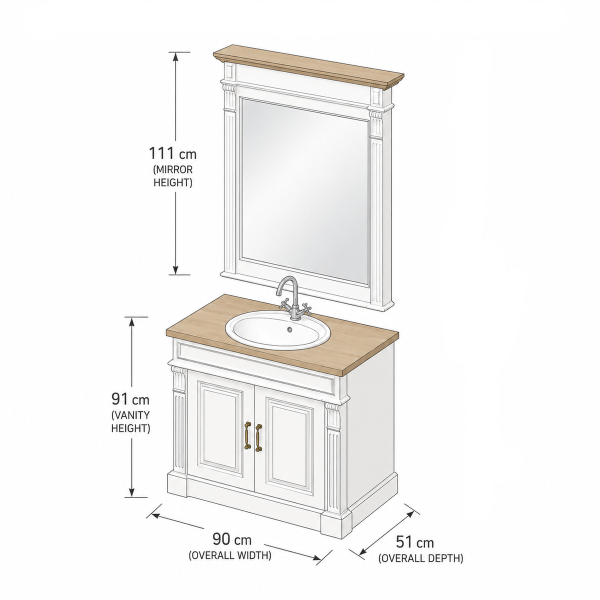 Dimensioned illustration of the Stratford Compact vanity and mirror, 90 cm wide, 111 cm mirror height