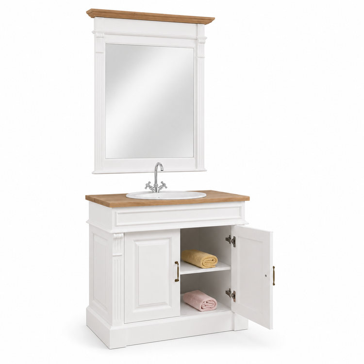 Open white Stratford Compact bathroom vanity showing interior shelf with folded towels, angled view