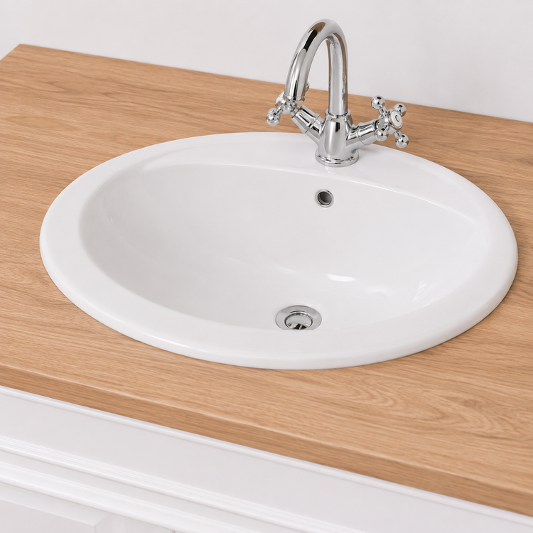Close-up of the oval white sink and chrome cross-handle faucet on the oak Stratford Compact top