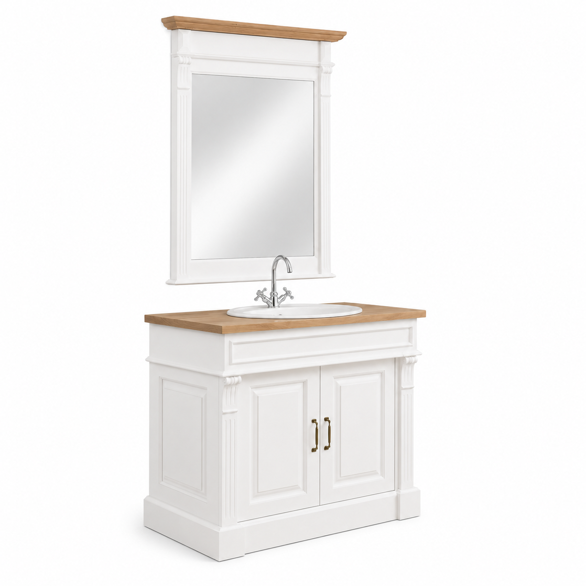 Country-style white oak Stratford Compact bathroom vanity and mirror, angled view with brass handles