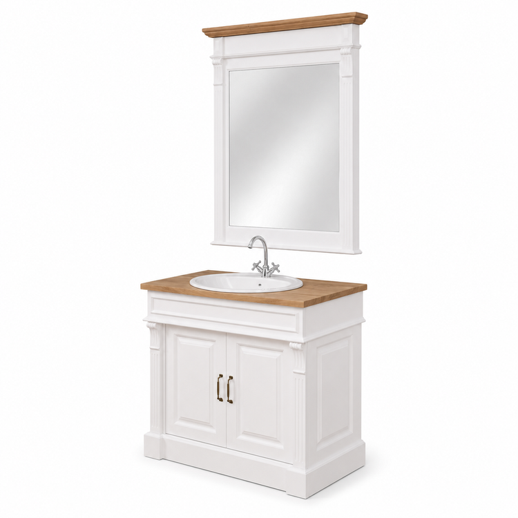 White and oak Stratford Compact bathroom vanity with tall framed mirror, three-quarter view