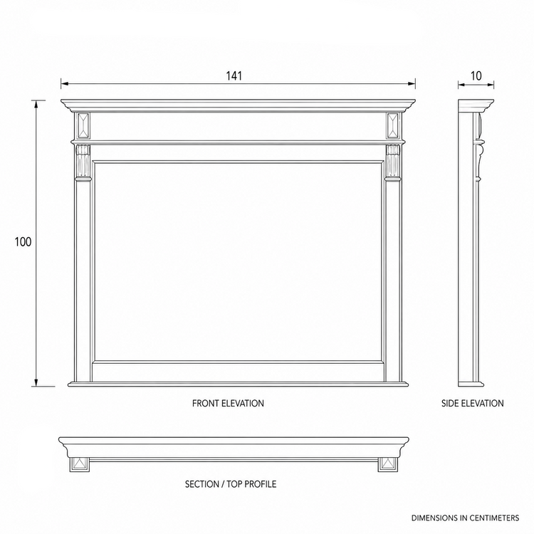 Dimensioned front and side elevation drawing of the Baldo mirror, 141 x 10 x 100 cm