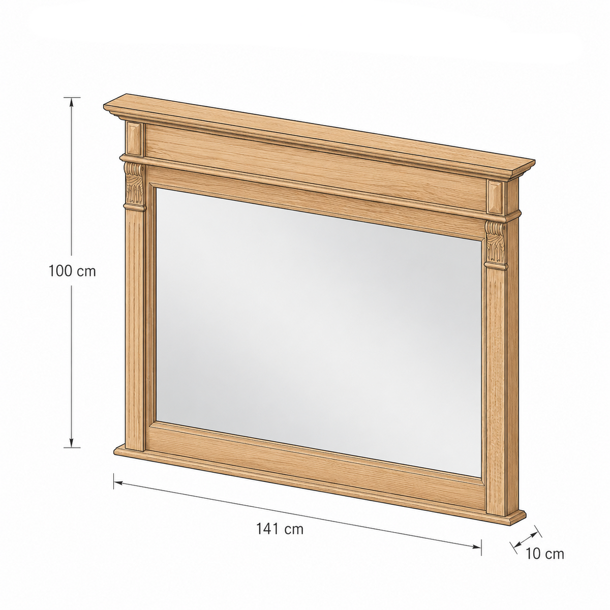 Dimensioned perspective drawing of the Baldo bathroom mirror showing 141x10x100 cm measurements
