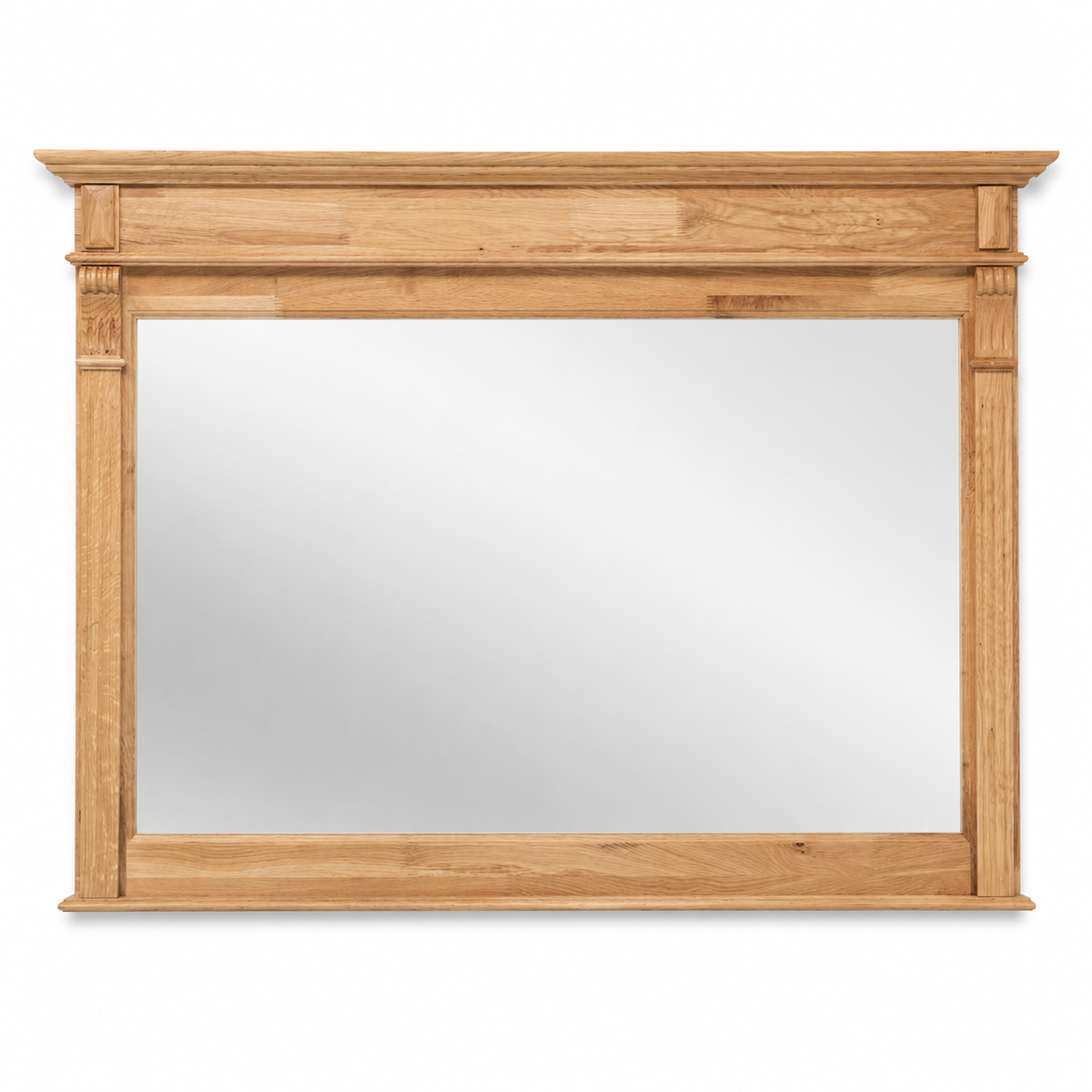 Classic natural oak Baldo bathroom mirror with carved cornice frame, 141 cm wide, front view