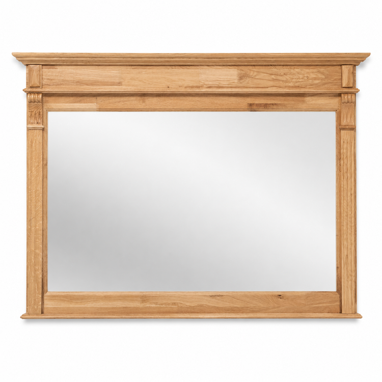 Classic natural oak Baldo bathroom mirror with carved cornice frame, 141 cm wide, front view