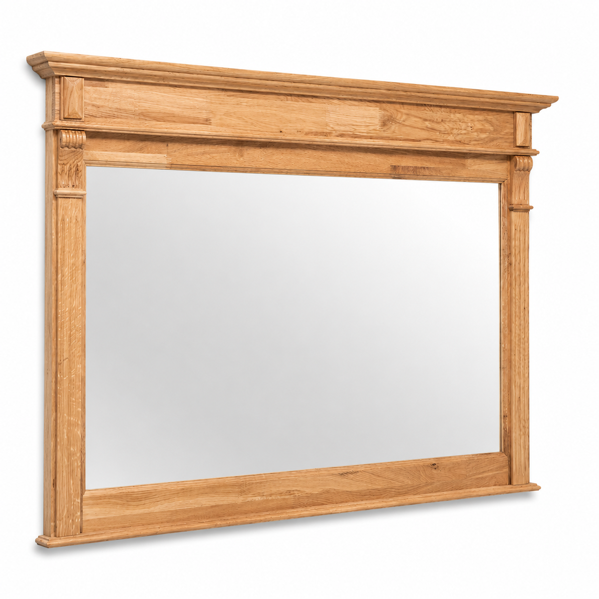 Classic solid oak Baldo bathroom mirror with fluted columns, 141 cm wide, three-quarter angle