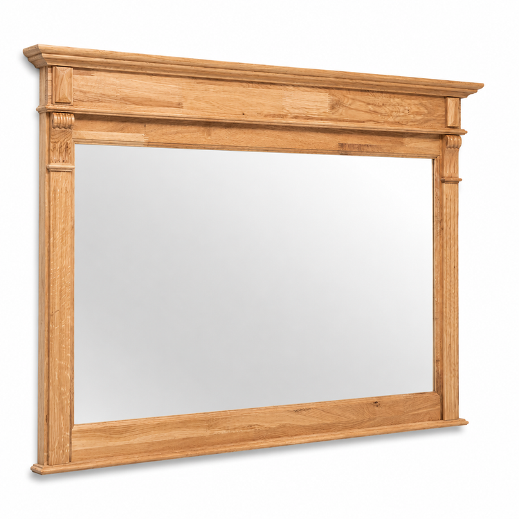 Classic solid oak Baldo bathroom mirror with fluted columns, 141 cm wide, three-quarter angle