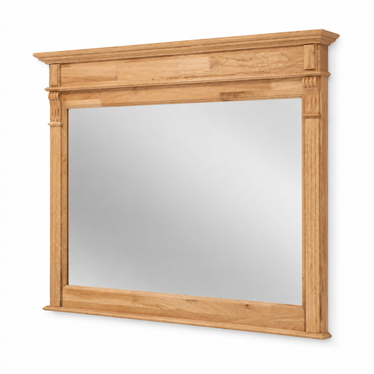 Classic natural oak Baldo bathroom mirror with decorative pediment, 141 cm wide, angled view