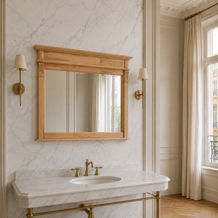 Classic oak Baldo bathroom mirror above a marble washstand in an elegant bathroom, 141 cm wide