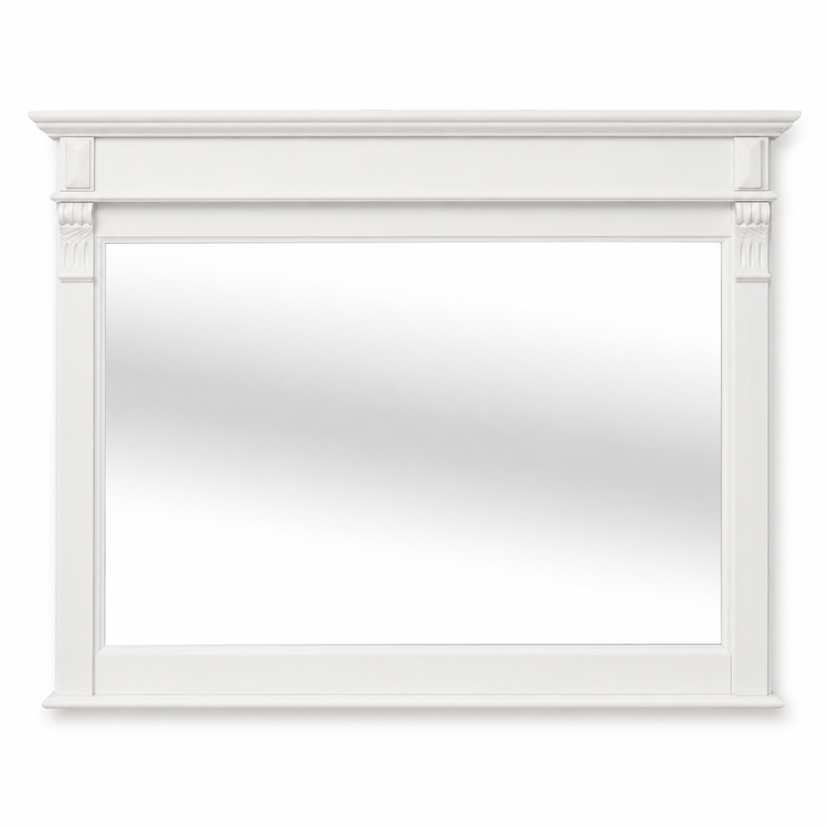 Classic white painted solid pine Baldo bathroom mirror with carved corbels, 141 cm wide, front view