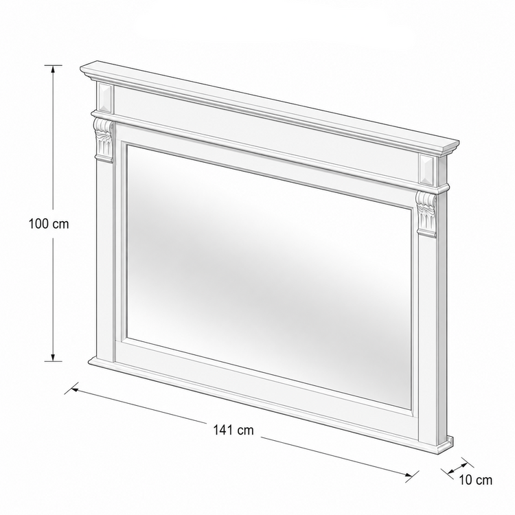 Dimensioned line drawing of the Baldo bathroom mirror, 141 x 10 x 100 cm