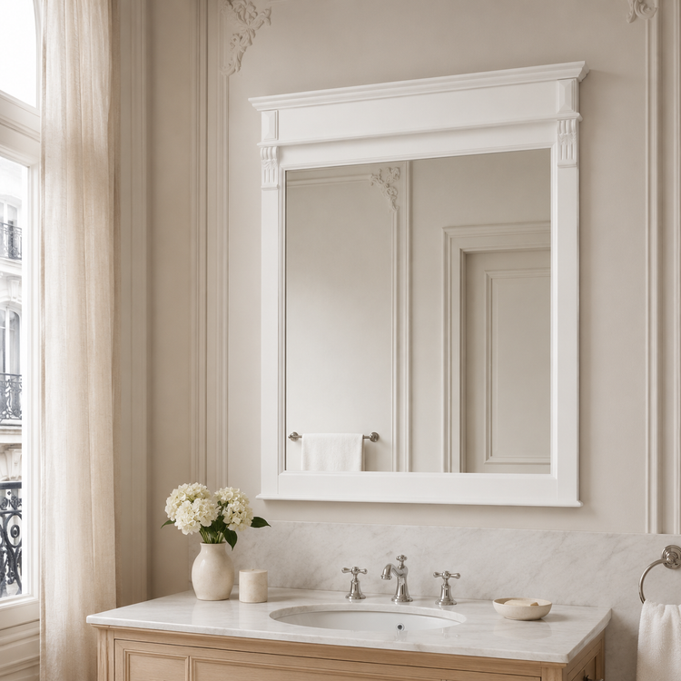 Classic white Baldo mirror styled above a marble vanity in an elegant bathroom, 141 cm wide